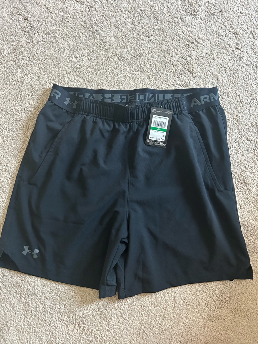 Men’s Vanish Under Armour 6in Black Shorts with Logo Waistband   Sz. Lg